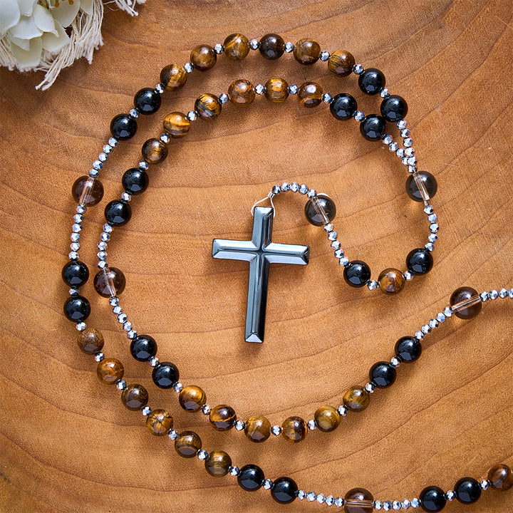 Solacebeads Tiger Eye, Obsidian Stone Rosary &amp; Hematite Cross: Unites Strength With Devout Faith - image 7