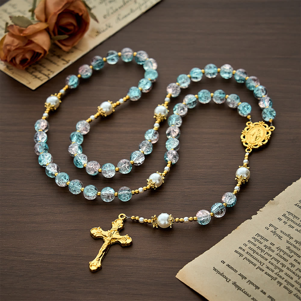 Solacebeads Pink‑blue Crackle Beads With golden Crucifix: The Shimmering Beauty And Maria Devotion - image 9