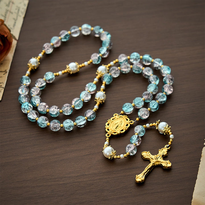 Solacebeads Pink‑blue Crackle Beads With golden Crucifix: The Shimmering Beauty And Maria Devotion - Pink &amp; Blue - image 0