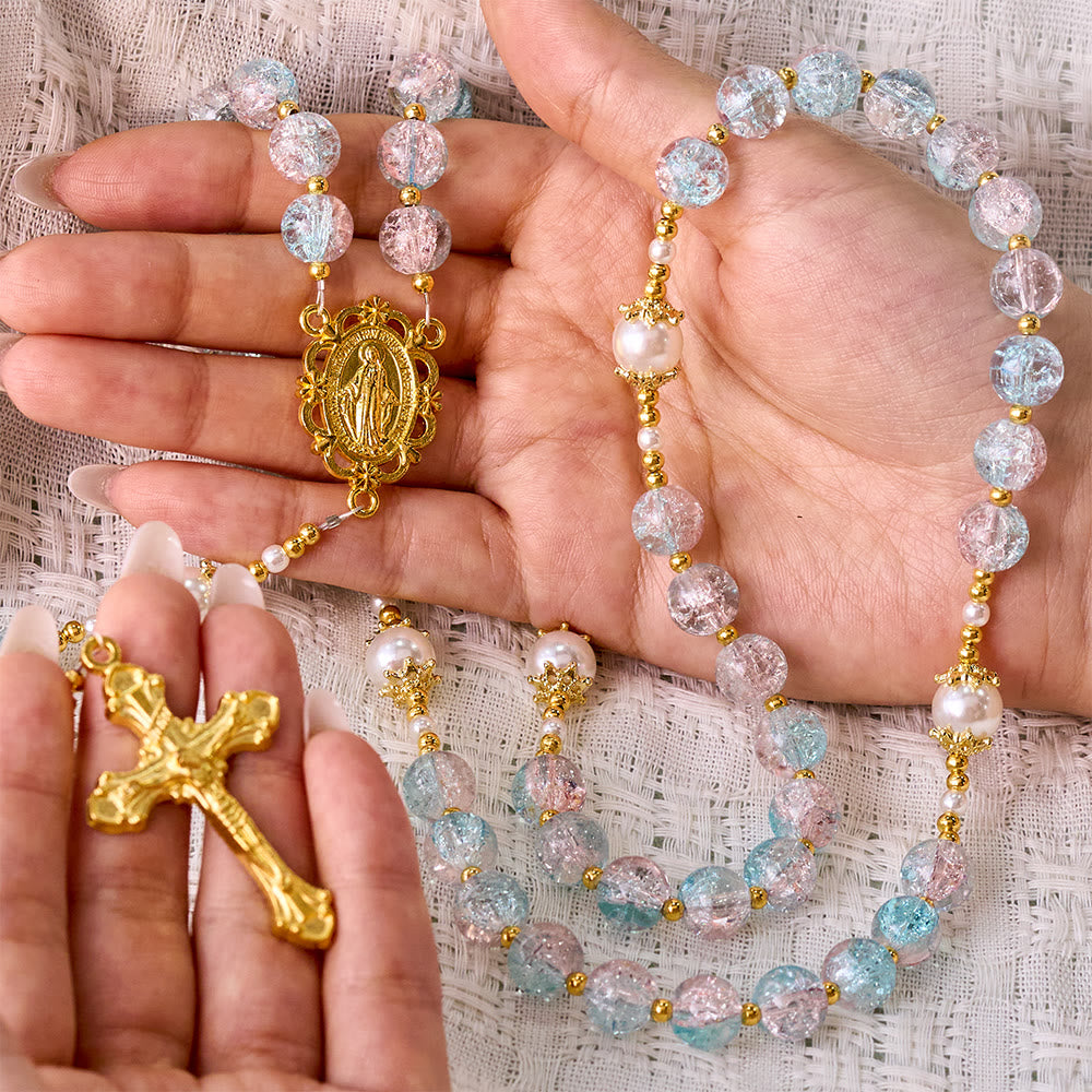 Solacebeads Pink‑blue Crackle Beads With golden Crucifix: The Shimmering Beauty And Maria Devotion - image 1