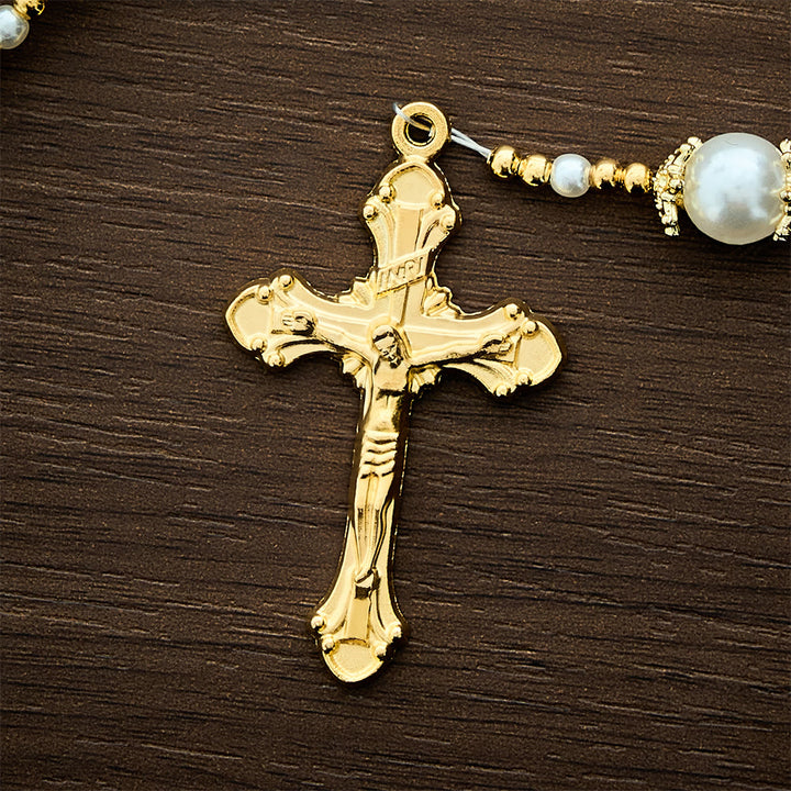 Solacebeads Pink‑blue Crackle Beads With golden Crucifix: The Shimmering Beauty And Maria Devotion - image 4