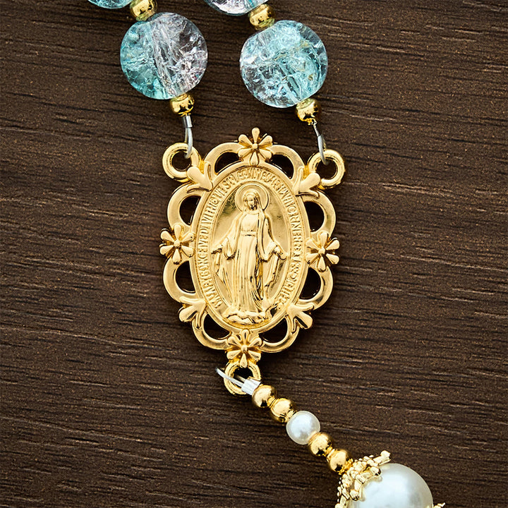 Solacebeads Pink‑blue Crackle Beads With golden Crucifix: The Shimmering Beauty And Maria Devotion - image 3