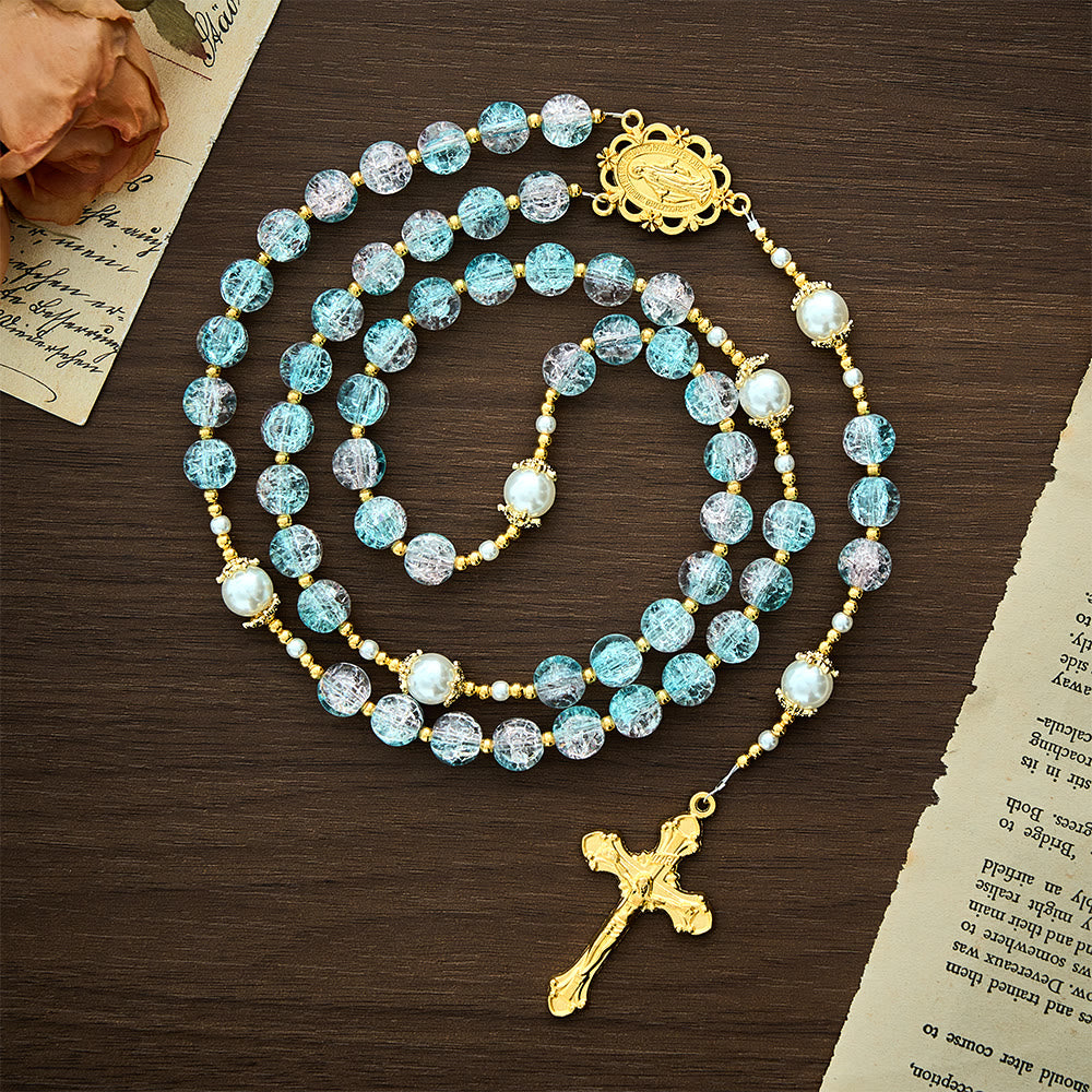 Solacebeads Pink‑blue Crackle Beads With golden Crucifix: The Shimmering Beauty And Maria Devotion - image 8