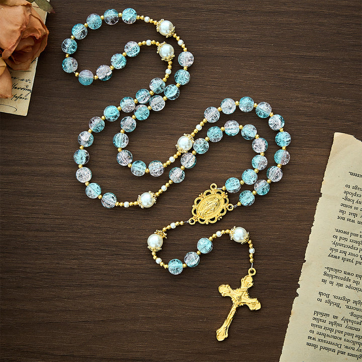 Solacebeads Pink‑blue Crackle Beads With golden Crucifix: The Shimmering Beauty And Maria Devotion - image 7