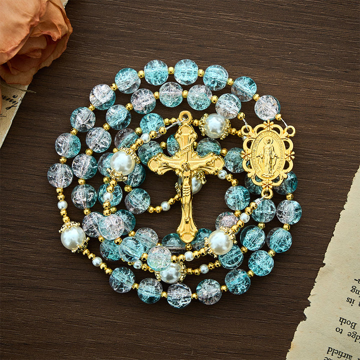 Solacebeads Pink‑blue Crackle Beads With golden Crucifix: The Shimmering Beauty And Maria Devotion - image 5
