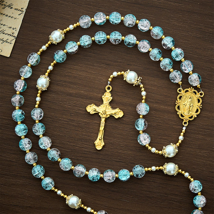 Solacebeads Pink‑blue Crackle Beads With golden Crucifix: The Shimmering Beauty And Maria Devotion - image 6