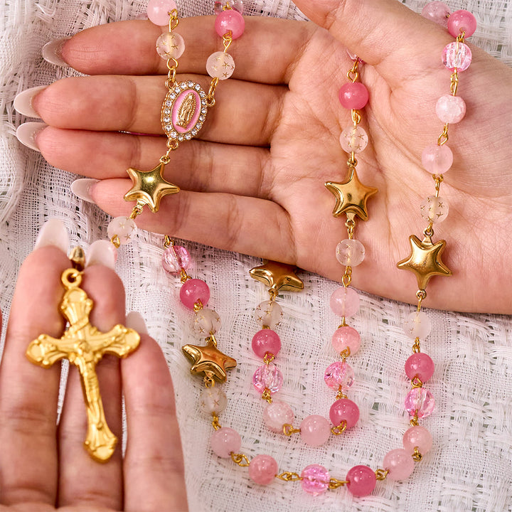 SolaceBeads Artistic Rosary, Pink Stones &amp; Star Beads, Guadalupe Medal: Light‑Filled Devotion - image 1
