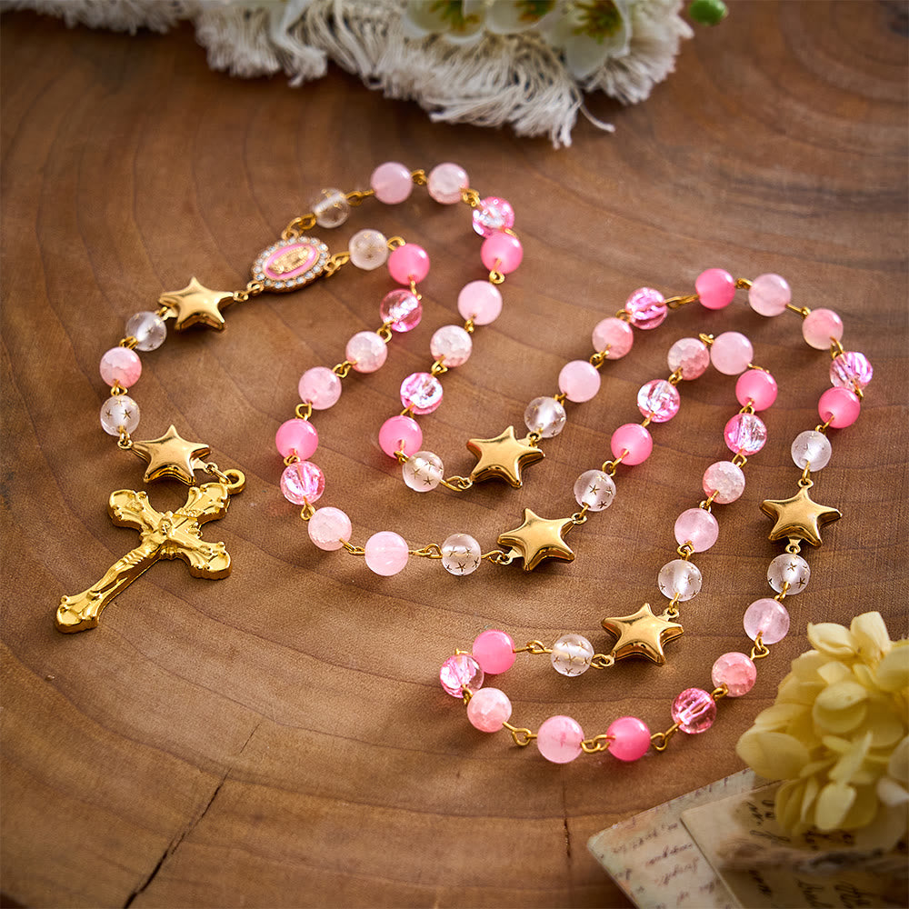 SolaceBeads Artistic Rosary, Pink Stones &amp; Star Beads, Guadalupe Medal: Light‑Filled Devotion - image 3