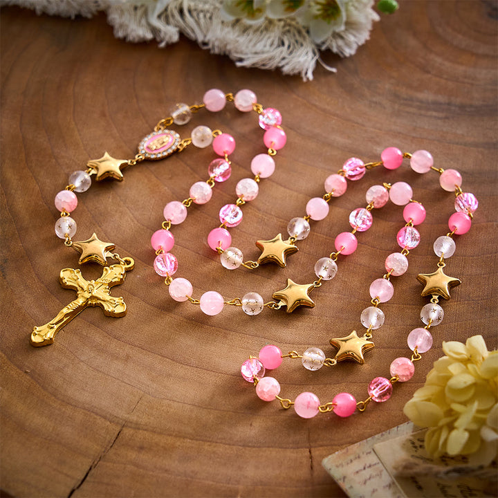 SolaceBeads Artistic Rosary, Pink Stones &amp; Star Beads, Guadalupe Medal: Light‑Filled Devotion - image 3