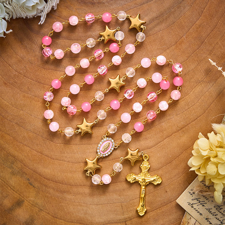 SolaceBeads Artistic Rosary, Pink Stones &amp; Star Beads, Guadalupe Medal: Light‑Filled Devotion - image 2