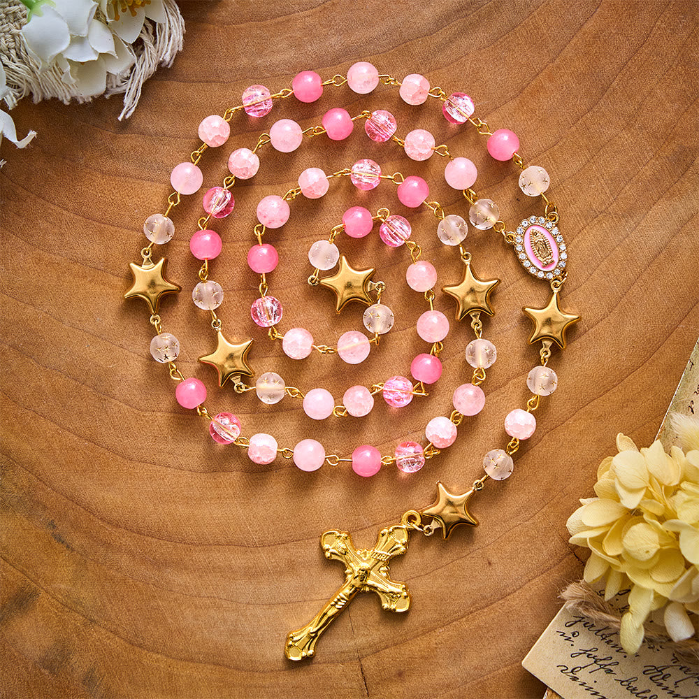 SolaceBeads Artistic Rosary, Pink Stones &amp; Star Beads, Guadalupe Medal: Light‑Filled Devotion - Pink - image 0