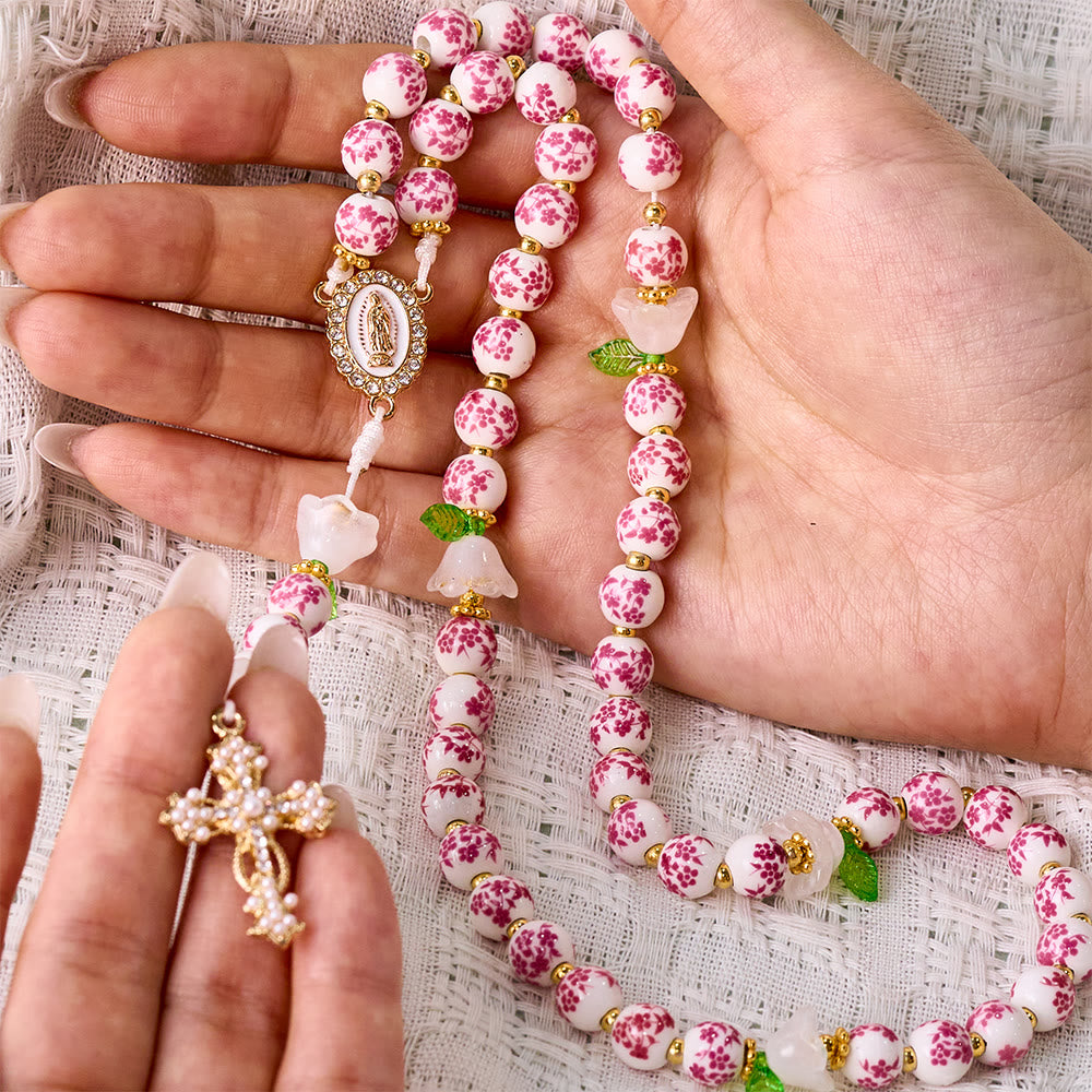 Solacebeads Pink Floral Ceramic Rosary With White Lily &amp; Pearl Cross: The Pure Devotion Of Guadalupe - image 1