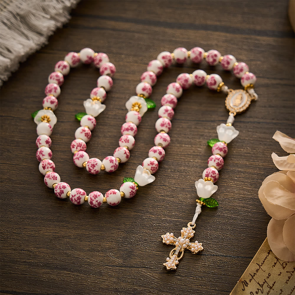 Solacebeads Pink Floral Ceramic Rosary With White Lily &amp; Pearl Cross: The Pure Devotion Of Guadalupe - image 7