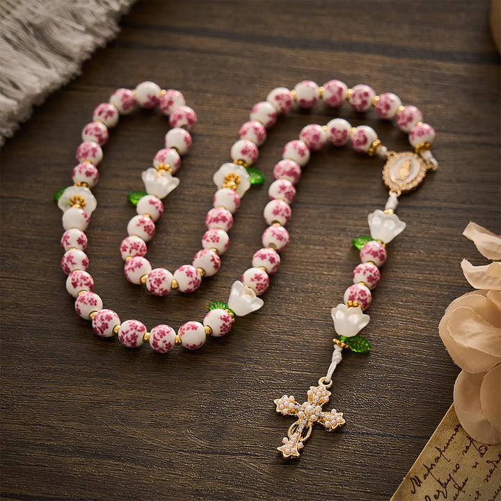 Solacebeads Pink Floral Ceramic Rosary With White Lily &amp; Pearl Cross: The Pure Devotion Of Guadalupe - image 7