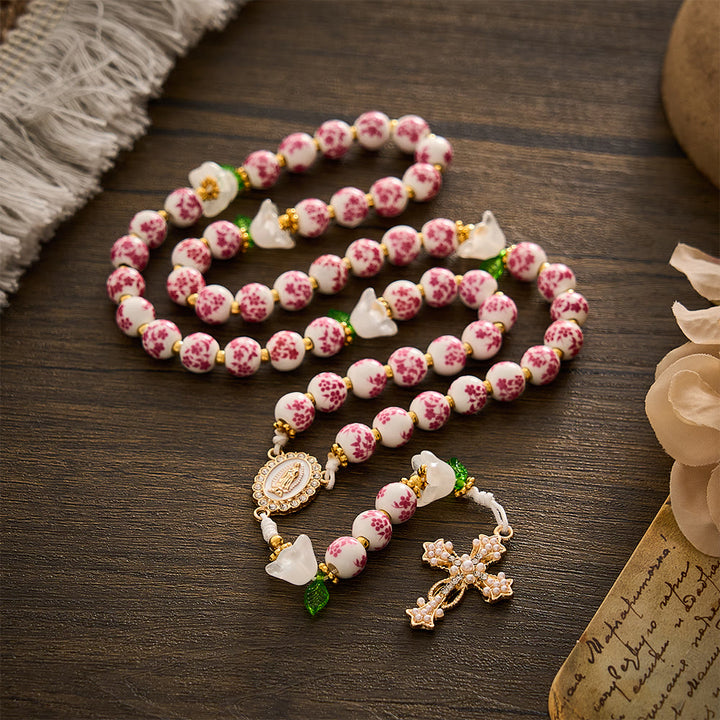 Solacebeads Pink Floral Ceramic Rosary With White Lily &amp; Pearl Cross: The Pure Devotion Of Guadalupe - image 9