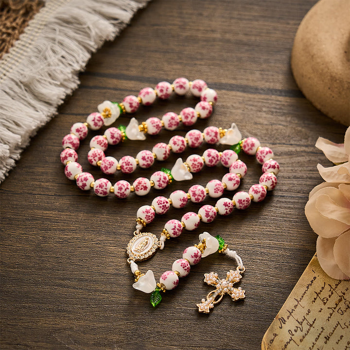 Solacebeads Pink Floral Ceramic Rosary With White Lily &amp; Pearl Cross: The Pure Devotion Of Guadalupe - image 10