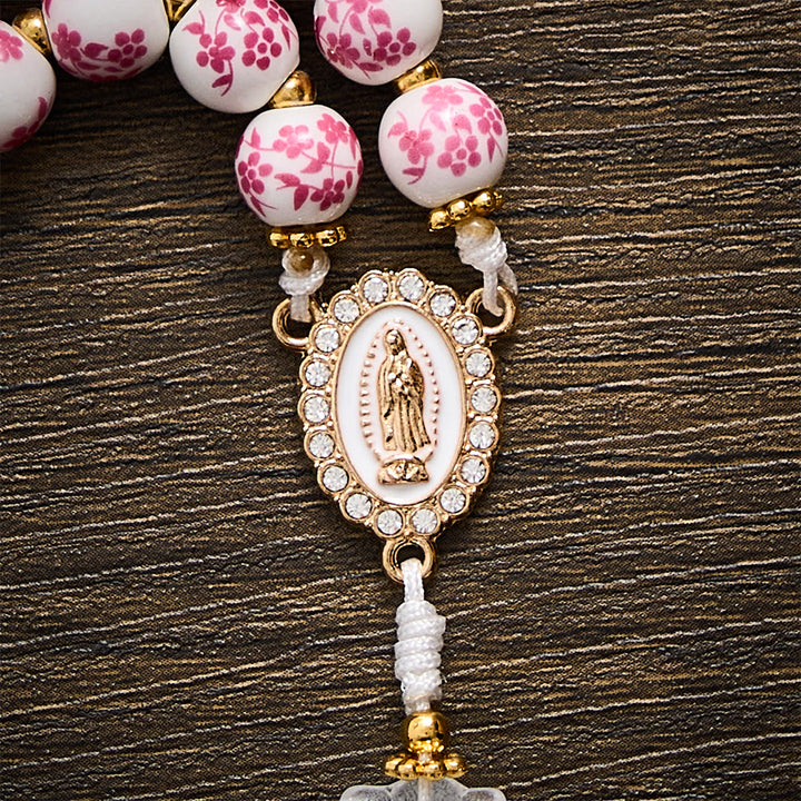 Solacebeads Pink Floral Ceramic Rosary With White Lily &amp; Pearl Cross: The Pure Devotion Of Guadalupe - image 3