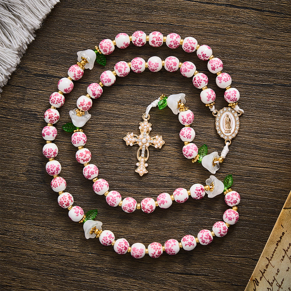 Solacebeads Pink Floral Ceramic Rosary With White Lily &amp; Pearl Cross: The Pure Devotion Of Guadalupe - image 6