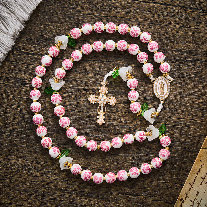 Solacebeads Pink Floral Ceramic Rosary With White Lily &amp; Pearl Cross: The Pure Devotion Of Guadalupe - image 6