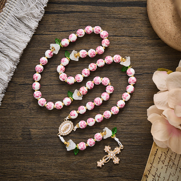 Solacebeads Pink Floral Ceramic Rosary With White Lily &amp; Pearl Cross: The Pure Devotion Of Guadalupe - image 8