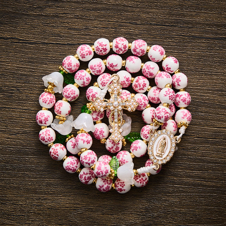 Solacebeads Pink Floral Ceramic Rosary With White Lily &amp; Pearl Cross: The Pure Devotion Of Guadalupe - image 5