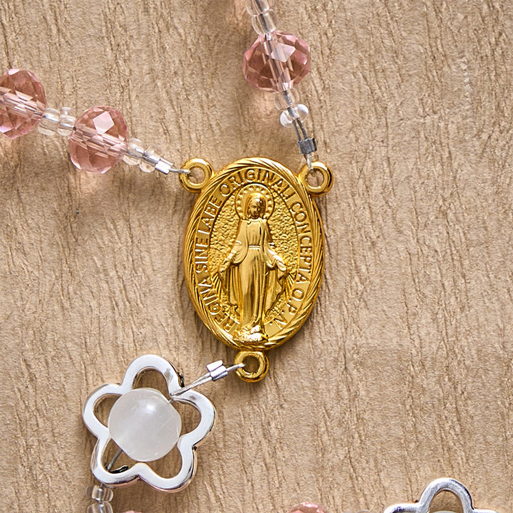 SolaceBeads Crystal Rosary, Pink Beads &amp; Bellflower Accents, Miraculous Medal: Light of Devotion - image 7