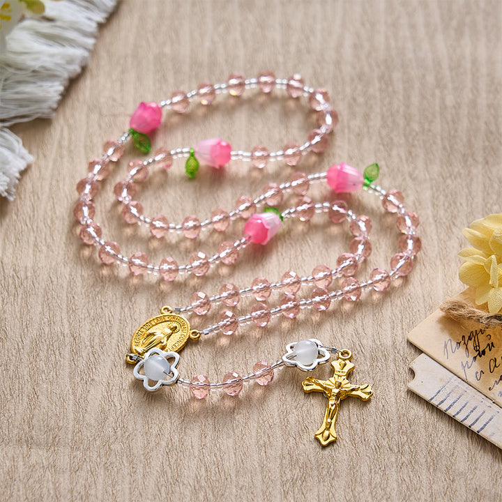 SolaceBeads Crystal Rosary, Pink Beads &amp; Bellflower Accents, Miraculous Medal: Light of Devotion - image 2