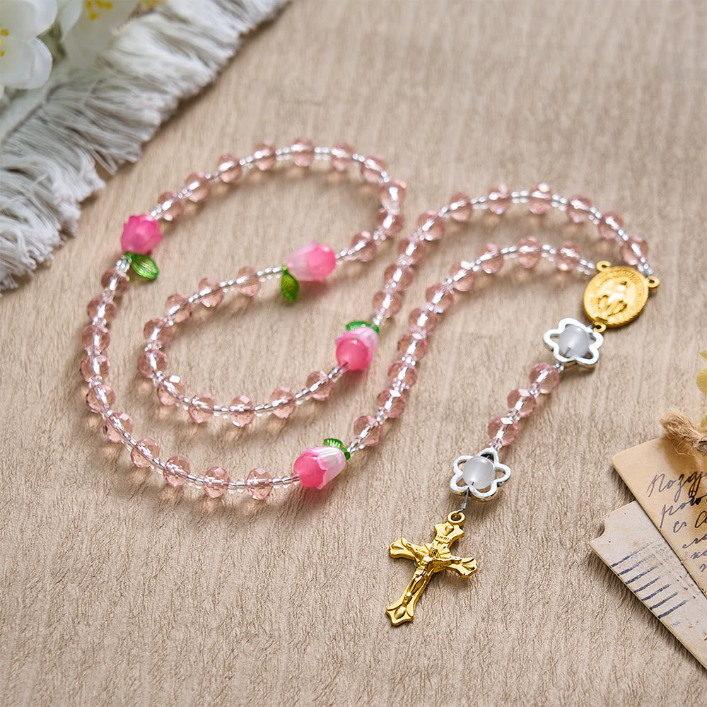 SolaceBeads Crystal Rosary, Pink Beads &amp; Bellflower Accents, Miraculous Medal: Light of Devotion - image 4