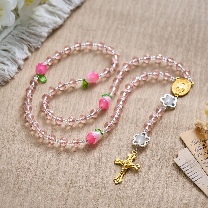 SolaceBeads Crystal Rosary, Pink Beads &amp; Bellflower Accents, Miraculous Medal: Light of Devotion - image 4