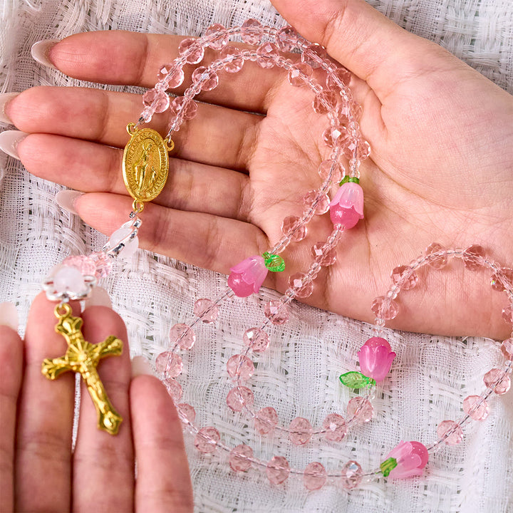 SolaceBeads Crystal Rosary, Pink Beads &amp; Bellflower Accents, Miraculous Medal: Light of Devotion - image 1