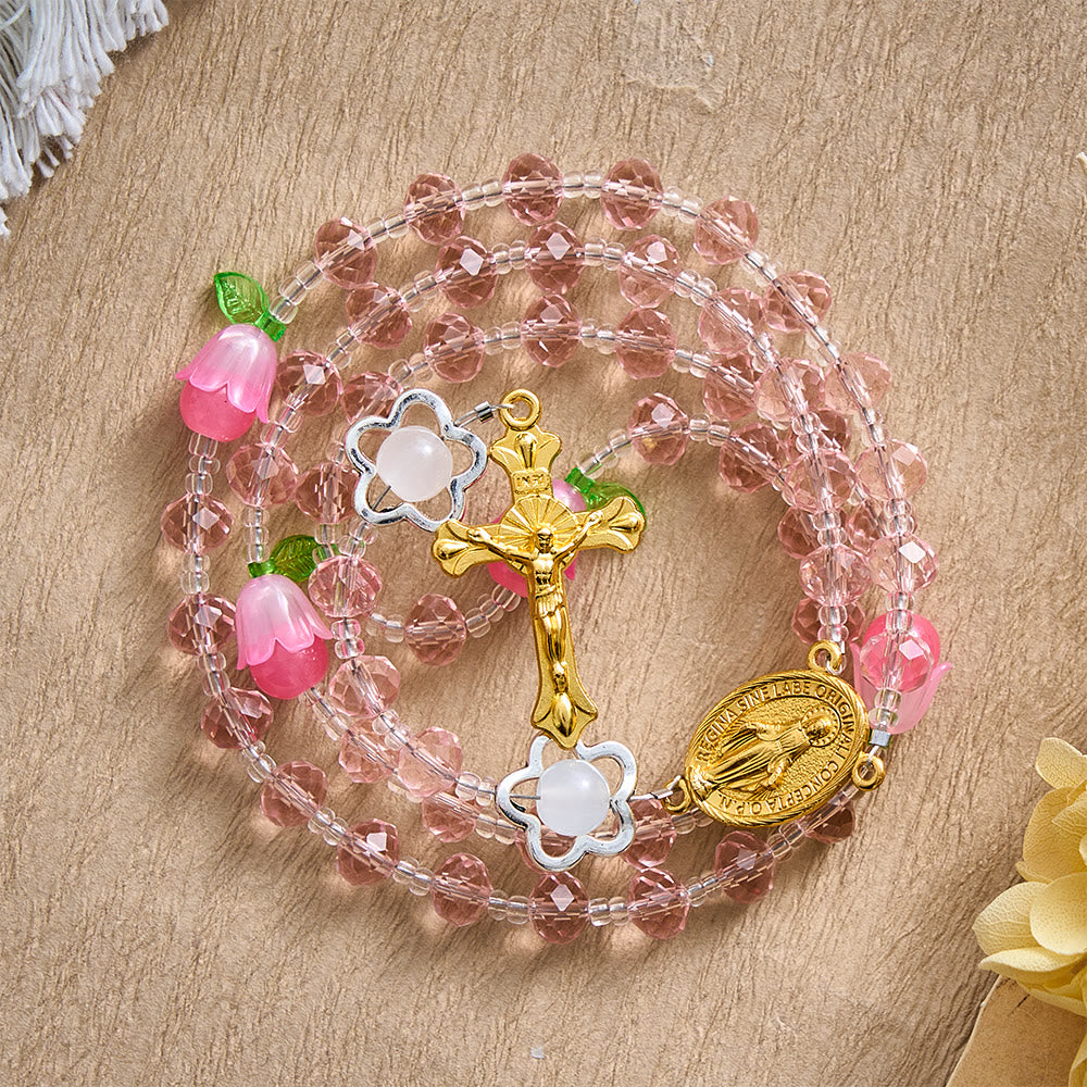 SolaceBeads Crystal Rosary, Pink Beads &amp; Bellflower Accents, Miraculous Medal: Light of Devotion - image 9
