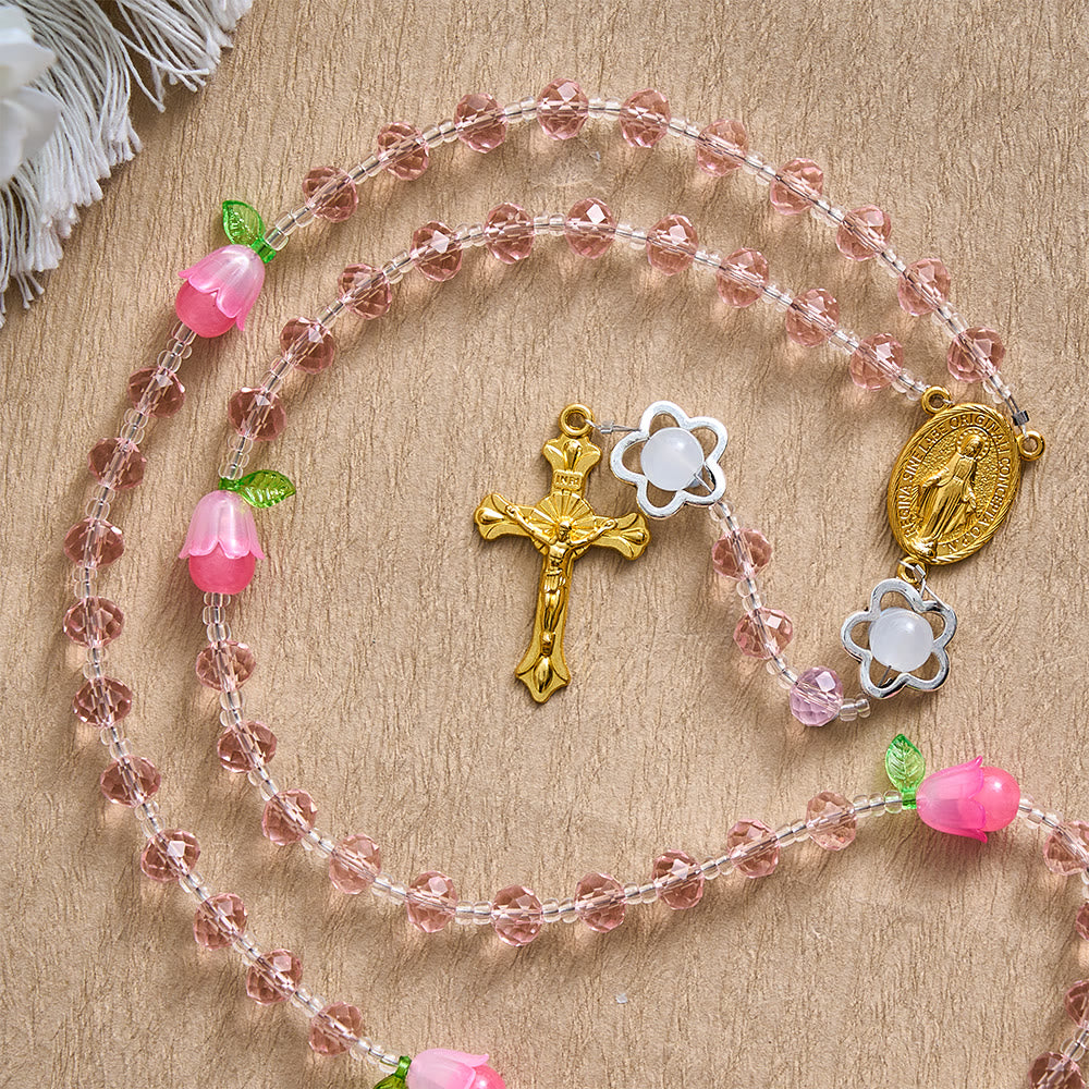 SolaceBeads Crystal Rosary, Pink Beads &amp; Bellflower Accents, Miraculous Medal: Light of Devotion - image 5