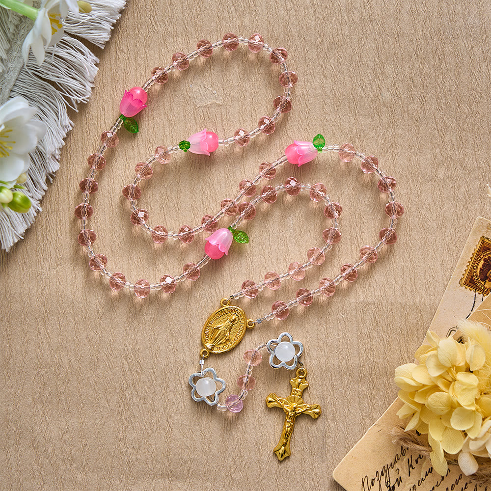 SolaceBeads Crystal Rosary, Pink Beads &amp; Bellflower Accents, Miraculous Medal: Light of Devotion - image 3