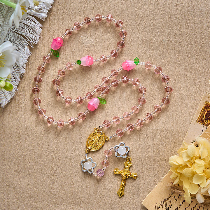 SolaceBeads Crystal Rosary, Pink Beads &amp; Bellflower Accents, Miraculous Medal: Light of Devotion - image 3