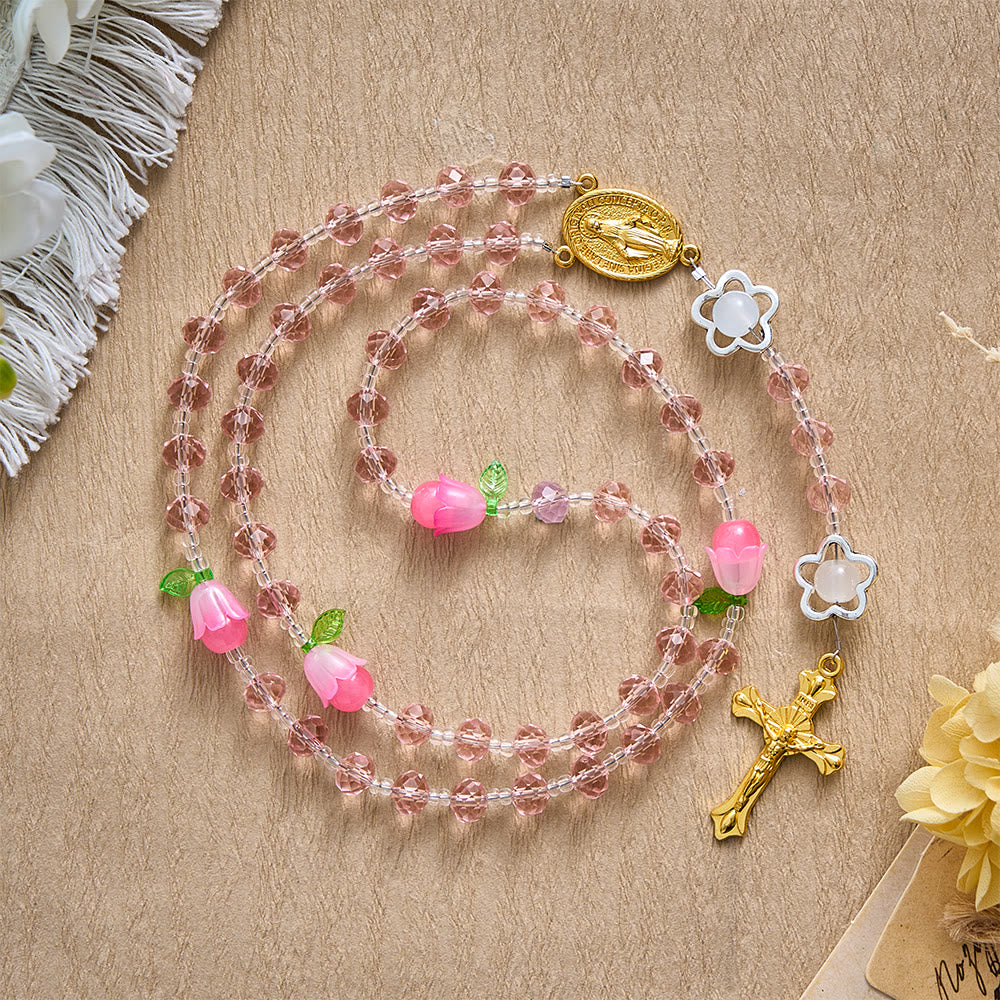 SolaceBeads Crystal Rosary, Pink Beads &amp; Bellflower Accents, Miraculous Medal: Light of Devotion - Pink - image 0