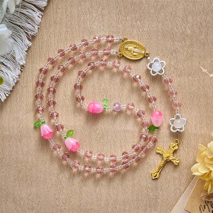 SolaceBeads Crystal Rosary, Pink Beads &amp; Bellflower Accents, Miraculous Medal: Light of Devotion - Pink - image 0