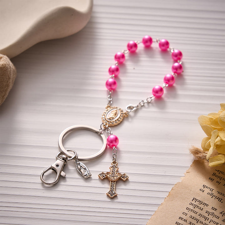 Solacebeads Pearl Beaded Rosary Key Chain With Sacred Heart Cross: The Portable Faith of Guadalupe - Hot Pink - image 8