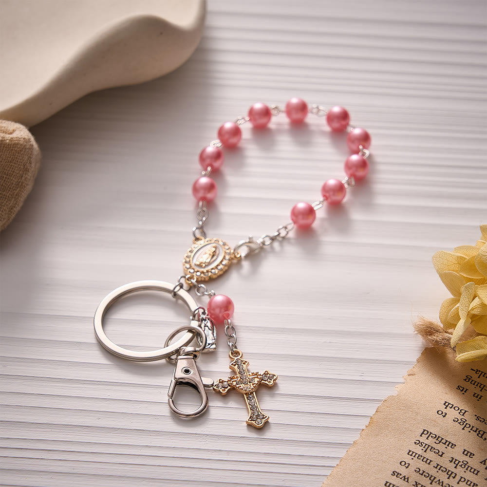 Solacebeads Pearl Beaded Rosary Key Chain With Sacred Heart Cross: The Portable Faith of Guadalupe - Soft Pink - image 7