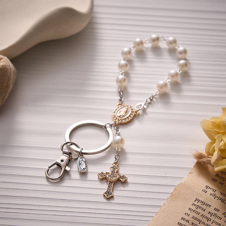Solacebeads Pearl Beaded Rosary Key Chain With Sacred Heart Cross: The Portable Faith of Guadalupe - White - image 9