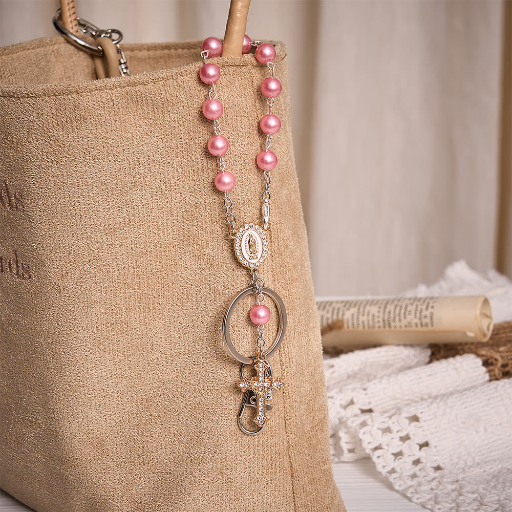 Solacebeads Pearl Beaded Rosary Key Chain With Sacred Heart Cross: The Portable Faith of Guadalupe - image 1