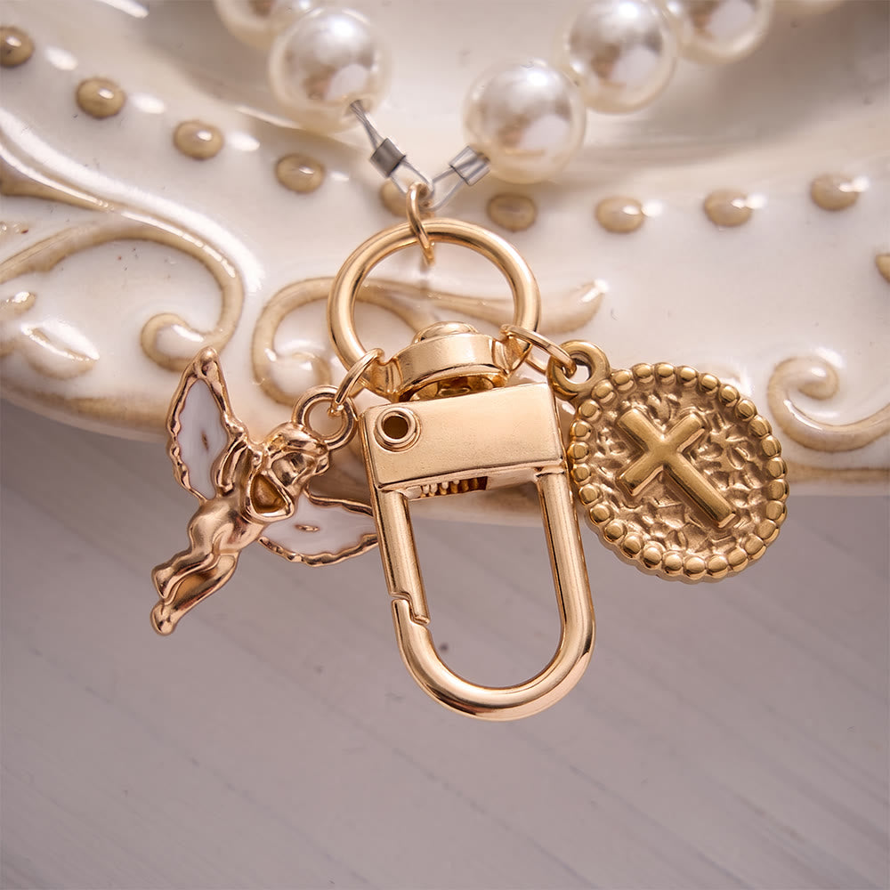 SolaceBeads White Pearl Rosary Key Chain, Angel Charm &amp; Cross Medal: The Angelic Guardianship - image 2