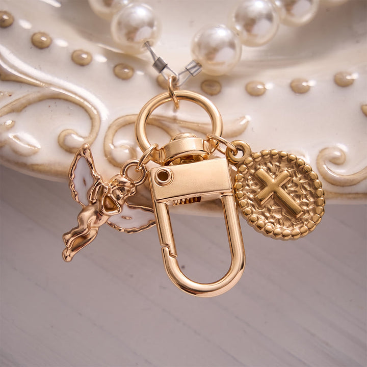 SolaceBeads White Pearl Rosary Key Chain, Angel Charm &amp; Cross Medal: The Angelic Guardianship - image 2