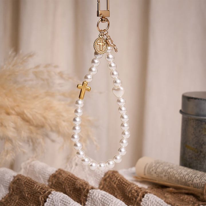 SolaceBeads White Pearl Rosary Key Chain, Angel Charm &amp; Cross Medal: The Angelic Guardianship - image 4