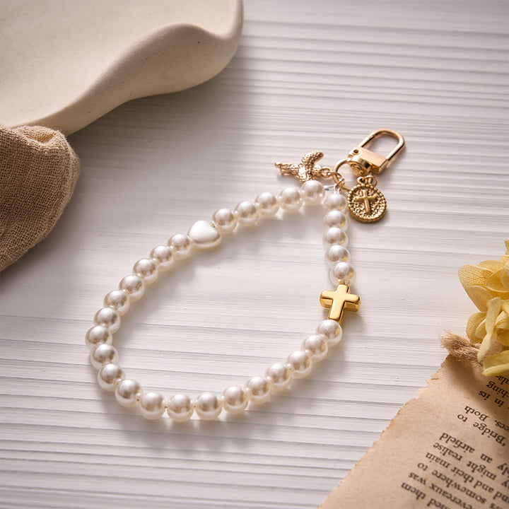 SolaceBeads White Pearl Rosary Key Chain, Angel Charm &amp; Cross Medal: The Angelic Guardianship - White - image 0
