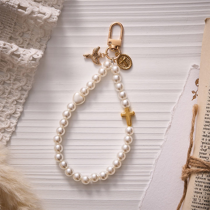 SolaceBeads White Pearl Rosary Key Chain, Angel Charm &amp; Cross Medal: The Angelic Guardianship - image 3