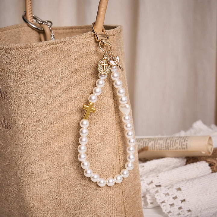 SolaceBeads White Pearl Rosary Key Chain, Angel Charm &amp; Cross Medal: The Angelic Guardianship - image 1