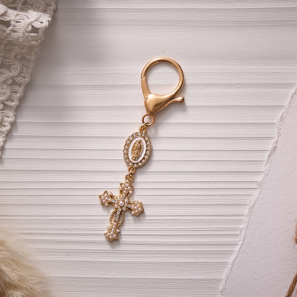 Solacebeads Enamel Rhinestone Guadalupe Medal &amp; Pearl‑inlaid Cross Keychain: Carrying Quiet Faith - White - image 0