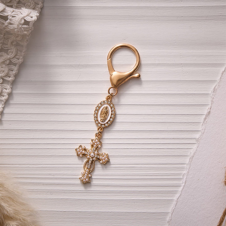 Solacebeads Enamel Rhinestone Guadalupe Medal &amp; Pearl‑inlaid Cross Keychain: Carrying Quiet Faith - White - image 0