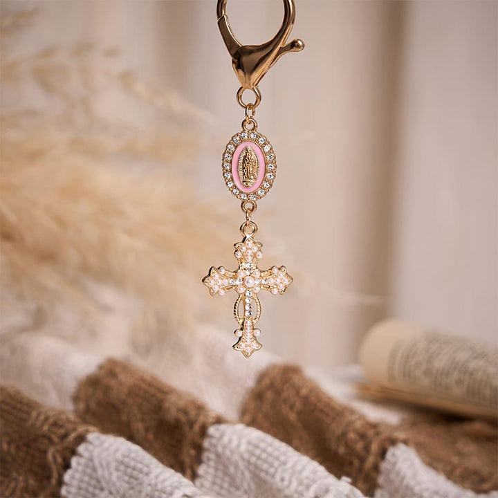 Solacebeads Enamel Rhinestone Guadalupe Medal &amp; Pearl‑inlaid Cross Keychain: Carrying Quiet Faith - image 9