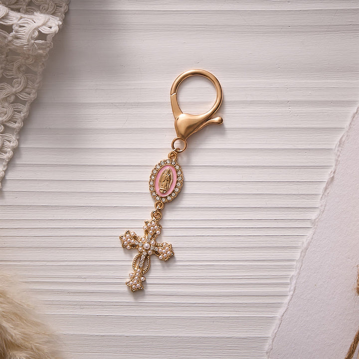 Solacebeads Enamel Rhinestone Guadalupe Medal &amp; Pearl‑inlaid Cross Keychain: Carrying Quiet Faith - Pink - image 1